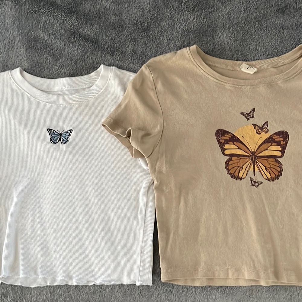 Two butterfly cropped shirts - white and tan